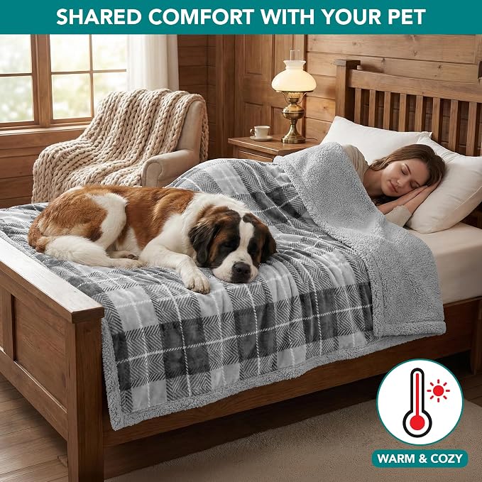PetAmi Waterproof Dog Blanket for Medium Large Pet, 60x40, Plaid Light Grey | 460 GSM Sherpa Fleece Reversible, Pee Proof Cat Throw, Furniture Protector Cover for Couch Bed Sofa Kennel, Washable, Large