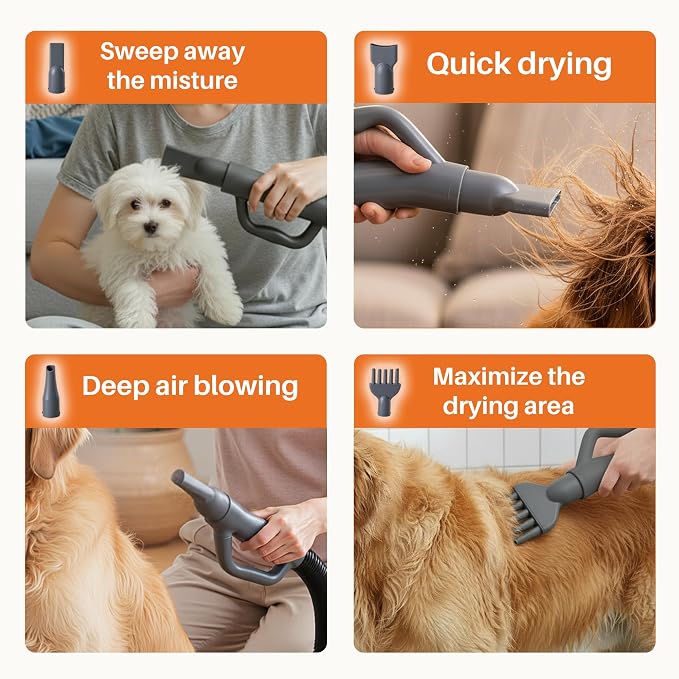NEWBULIG Dog Hair Dryer with Heater for Grooming, Temperature Adjustable | 1550W High Velocity Speed Pet Blow Dryer with 4 Nozzles, Grey
