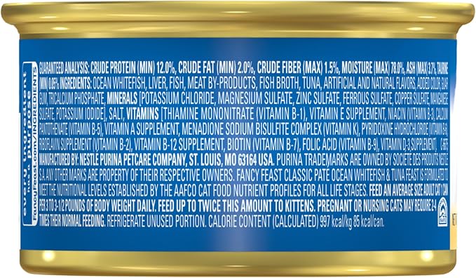 Purina Fancy Feast Classic Pate, Ocean Whitefish & Tuna, 3 oz cans, 24-Pack | Crafted with real ocean whitefish & tuna. Made with no artificial colors or preservatives. 100% complete and balanced