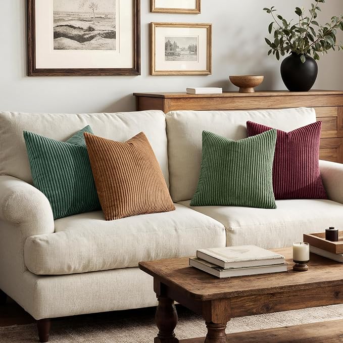 MIULEE Soft Corduroy Decorative Throw Pillow Covers Christmas Green 18x18 | Set of 4, Mordern Nordic Christmas Decor, Green Red Accent Set, Boho Farmhouse Cushion Covers for Couch Bed Sofa Living Room