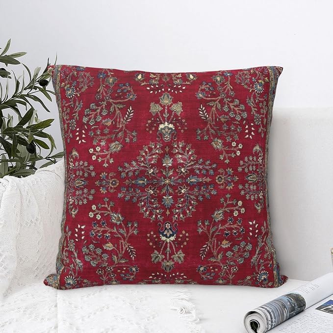 Central Red Persian Silk Rug Print Pillow Covers Decorative Square Throw Pillowcase 18x18 Inch Couch Cushion Cover for Home Decor Living Room Bedroom College Dorm Bed Car Sofa