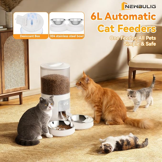 NEWBULIG Automatic Cat Feeder for 2 Cats, 6L Timed Pet Feeders, White | Dual Bowls, 25.3 Cups, 10s Voice Recorder, Dog Food Dispenser for Dry Food, 6 Meals/Day, 50 Portions/Meal, Dual Power Supply
