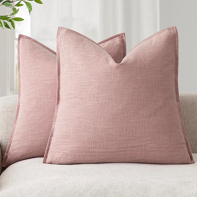 Foindtower Pack of 2, Decorative Linen Solid Throw Pillow Covers Soft Accent Cushion Euro Case Boho Farmhouse Pillowcase for Chair Couch Sofa Bedroom Living Room Home Decor 26 x 26 Inch Rose Pink