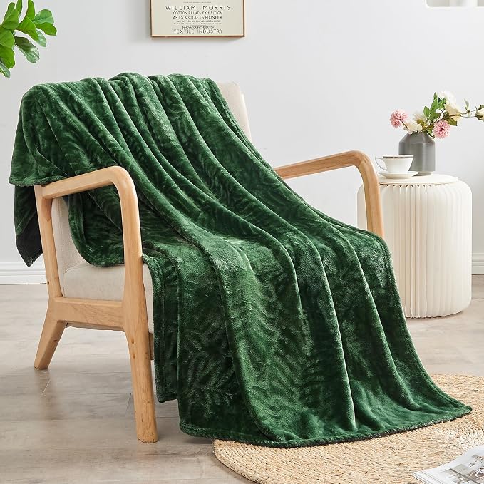 Super Soft Flannel Fleece Throw Blanket, 60 x 80 Inches, Olive Green | Lightweight Cozy Warm Leaves Textured Plush Blanket for Bed Couch Sofa