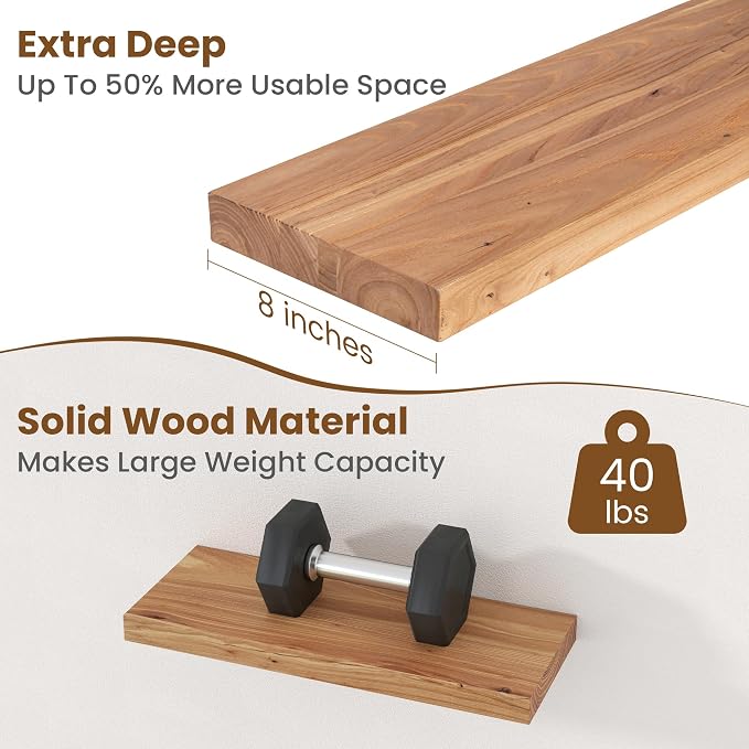 Floating Shelves for Wall Decor, 8" Deep Rustic Solid Elm Wood Floating Shelves Wall Mounted, Wall Shelves with Invisible Bracket for Living Room Bathroom Bedroom Kitchen, 20 Inch Set of 2, Natural