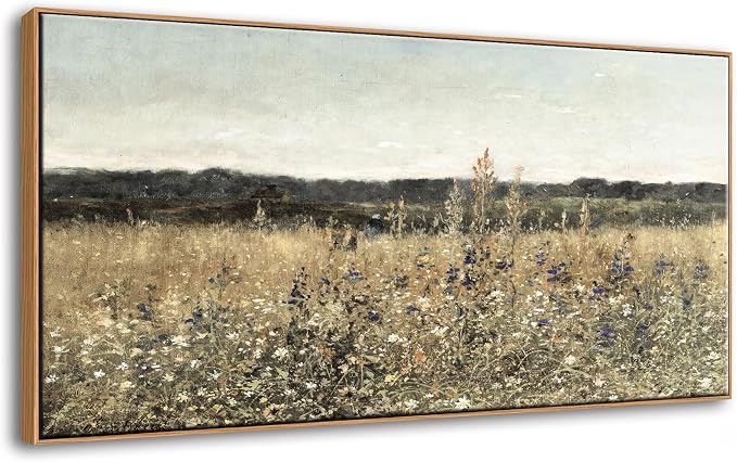 DJSYLIFE Wildflower Fields Framed Wall Art, Vintage Landscape | 24x48 Inch Canvas Prints, Solid Wood Frame, Ready to Hang, Flowers Painting, Country Farmhouse Decor for Living Room, Bedroom