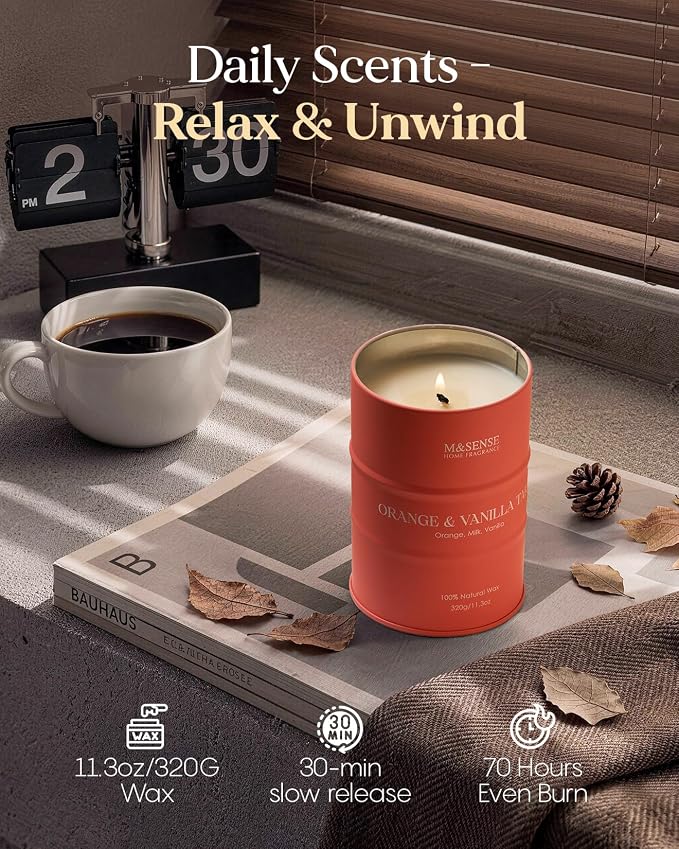 M&SENSE Orange Vanilla Scented Candles,Fall Candles for Home Organic Soy Candle, Clean Non Toxic 11.3oz 70 Hours Long Lasting Burning, Highly Scented Citrus Smelling Candle Cozy Room Decor