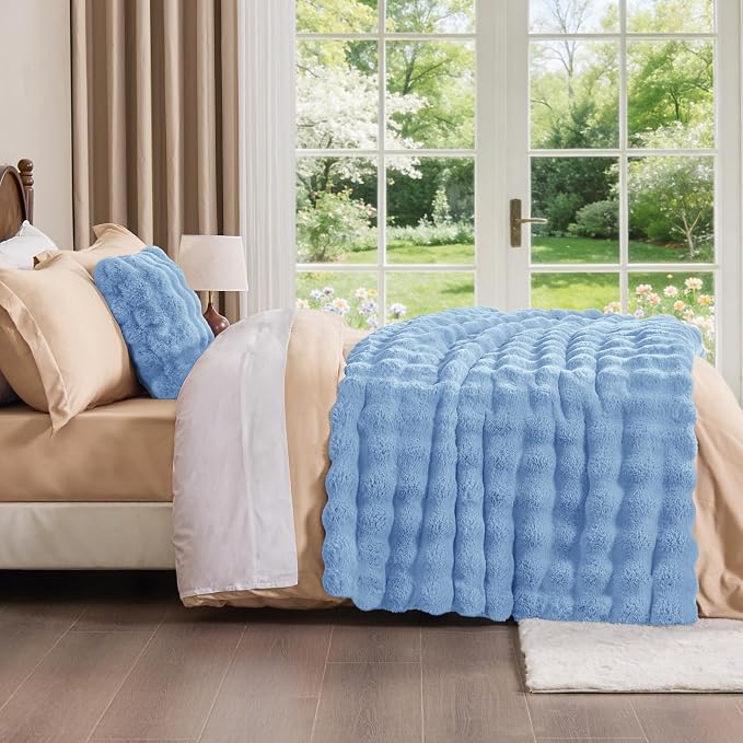 BEDELITE Faux Fur Throw Bubble Blanket for Couch, 50" x 60", Light Blue | 870GSM Soft Cozy Plush Blanket for Sofa & Bed Living Room Decor, Warm Fuzzy Faux Rabbit Fur for Women Gift, All Season Use