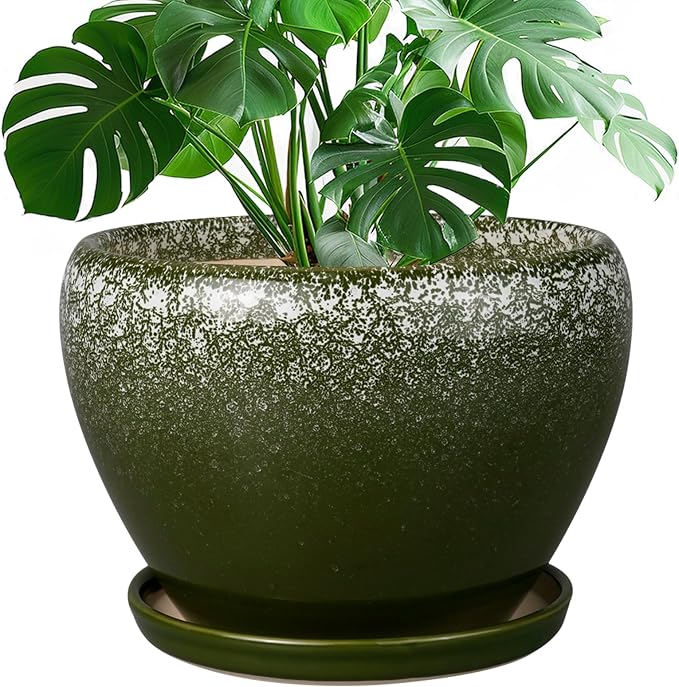 Ceramicfor 10 Inch Planter Pot - Ceramic Pots for Plants with Drainage Hole and Saucer, Round Large Flower Pot for Indoor Plants, Dark Green