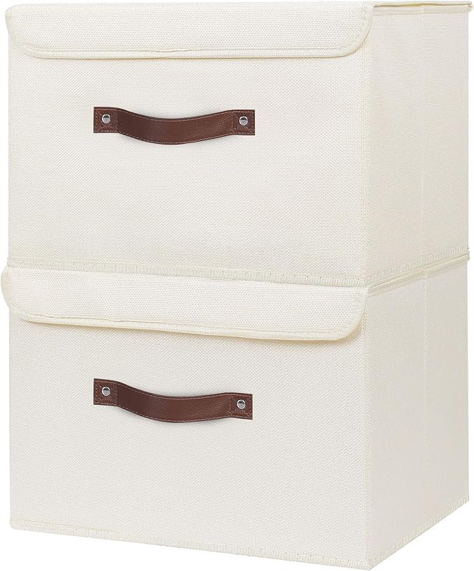 ANMINY Fabric Storage Box Bins with Lids, Beige, 15"x10"x10", 2 Pack | Keepsake Memory Storage, Cotton Linen, PP Board Reinforced, Washable, PU Handles, Foldable & Stackable, Decorative, Large