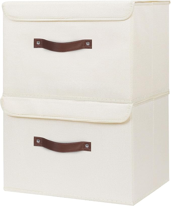 ANMINY Fabric Storage Box Bins with Lids, Beige, 13"x9"x7.9", 2 Pack | Keepsake Memory Storage, Cotton Linen, PP Board Reinforced, Washable, PU Handles, Foldable & Stackable, Decorative, Medium
