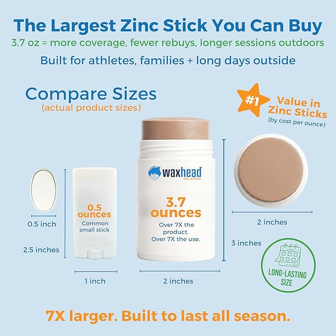 Tinted Zinc Oxide Sport Sunscreen Stick SPF 30, 3.7oz by Waxhead - 25% Non-Nano Zinc Oxide, 4 Food-Grade Ingredients, Sweat & Water Performance, Reef-Safe Mineral Face Stick for Kids & Sensitive Skin