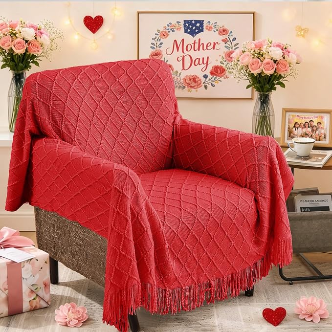 inhand Red Knitted Throw Blanket for Couch and Bed, 60"x80" | Gifts for Mom from Daughter Son, Soft Lightweight with Tassels, Farmhouse Warm Decorative Blanket for Women, Cozy Knit