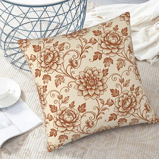 Terracotta Brown Floral Toile Pillow Covers 18x18 Set of 2, Vintage Dahlia & Peony Throw Pillow Covers Outdoor Decorative Pillow Case for Couch Bed Sofa Cushion Home Decor