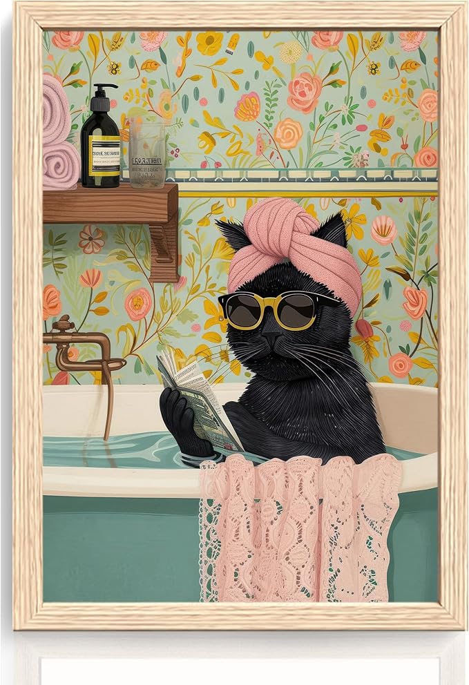 ICHZUMW Framed Funny Black Cat in Bathtub Canvas Bathroom Wall Art 16x24 In | Humorous Cat Wearing Sunglasses Reading Book, Girly Pink Dopamine Bathroom Wall Decor, Restroom Powder Room, Ready to Hang
