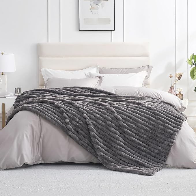 Faux Fur Throw Blanket for Couch, Cozy Fuzzy Fluffy Fur Luxurious Soft Striped Plush Gift Blankets for Family Sofa Chair Bedroom, 60"x80", Charcoal Grey