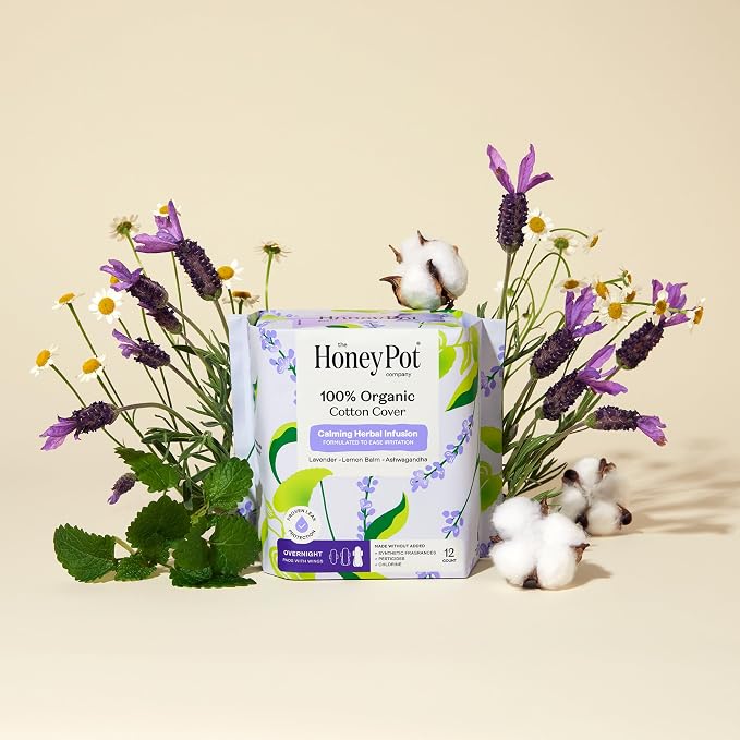 Honey Pot Calming Overnight Sanitary Pads for Women - 100% Organic Cotton Top Sheet - Feminine Care - Non Cooling - Calming Herbs of Lavender, Ashwagandha, & Lemon Balm - 12ct