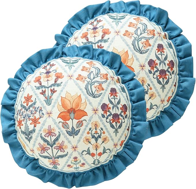 Linen Round Throw Pillow Cover,Set of 2,Diameter 16"-Floralsea A | Designer French Elegant Pillow Cover,Concealed Zipper Design,Sofa,Bedroom,Living Room,Lounge Chairs,All Season Home Decor