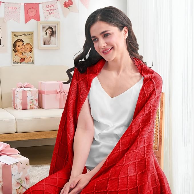 inhand Red Knitted Throw Blanket for Couch and Bed, 60"x80" | Gifts for Mom from Daughter Son, Soft Lightweight with Tassels, Farmhouse Warm Decorative Blanket for Women, Cozy Knit