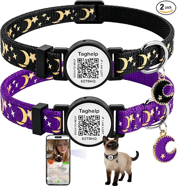 2PCS Breakaway Cat Collars with Moons Stars Cute Kitty Adjustable Safe Kitten Collars with Smart ID QR Code tag,Moon and Star Kitten Safety Collars for Boys & Girls(Black & Purple)