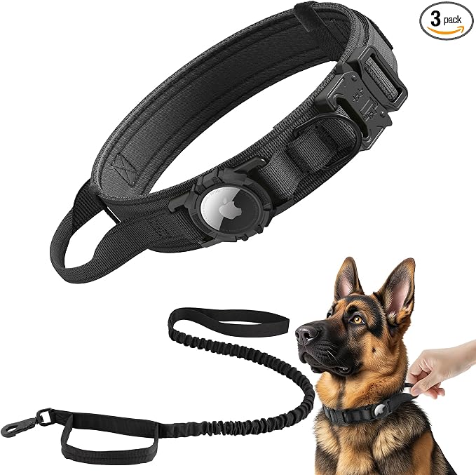 Tactical AirTag Dog Collar Leash Set - Heavy Duty, Adjustable GPS Collar