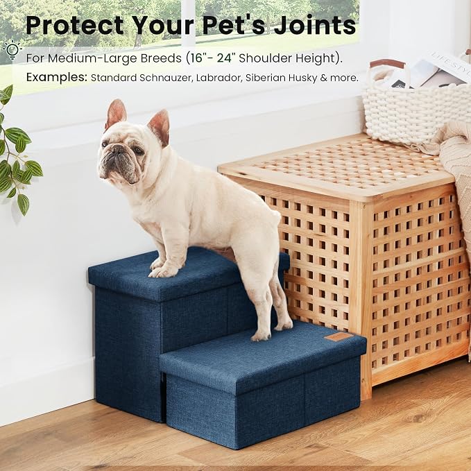 Love's cabin Dog Stairs for High Bed, Foldable Pet Stairs for Small Medium or Large Dogs Puppy with Storage for Bed or Couch, Cat Dog Steps Ramp with Zip up to 200 lbs, Navy Blue, 2 Steps