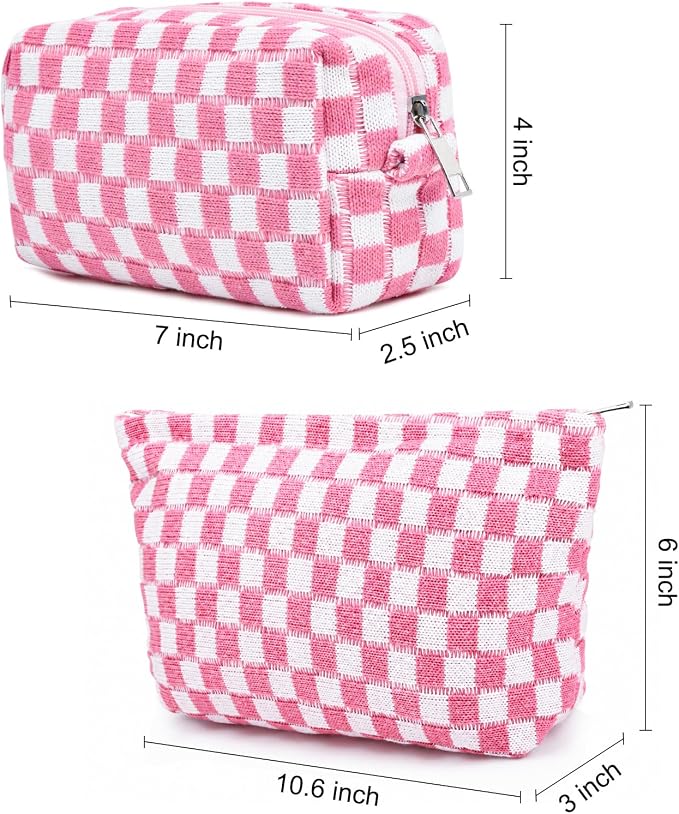 SOIDRAM 2 Pieces Makeup Bag Large Checkered Cosmetic Bag Capacity Canvas Mix Travel Toiletry Bag Organizer Cute Makeup Brushes Aesthetic Accessories Storage Bag for Women, Pink checkered