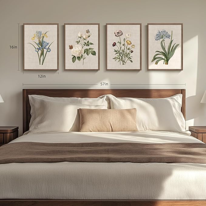 Framed Vintage Floral Botanical Wall Art for Living Room, 4 Piece 12x16 In | Modern farmhouse wall decor, Flower pictures, Rustic retro paintings, Ready to hang canvas prints, Kitchen bedroom home decor