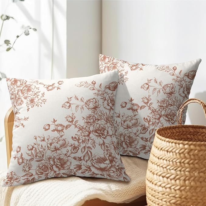 Kawani Brown White Floral Pillow Covers 22x22 Set of 2 Vintage Chinoiserie Flowers Print Decorative Square Pillow Cases Cotton Linen Cushion Cover for Bedroom Sofa Couch Home Decor