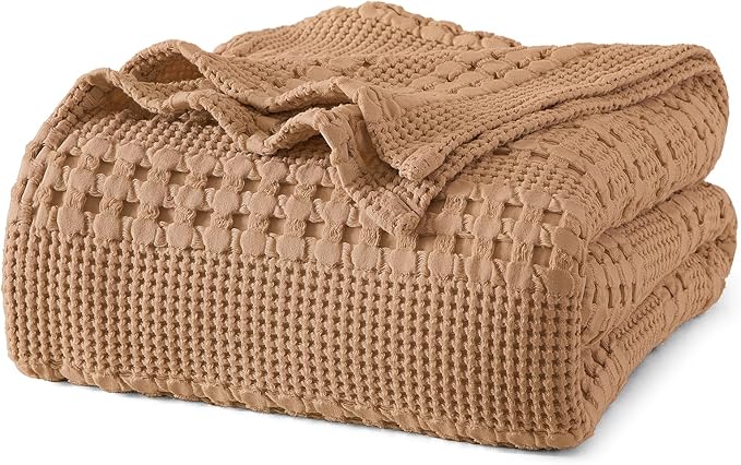 PHF 100% Cotton Waffle Weave Blanket King Size, Lightweight Breathable Summer Blanket for Hot Sleepers, Pre-Washed Soft Layer for Bed, Couch, Home Decor Gift, 108"x90", Clay
