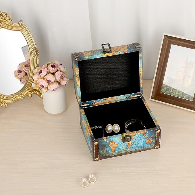 ELLDOO Decorative Treasure Chest Box, Wooden + PU Leather Storage Box for Jewelry Trinkets, Keepsakes box for Girls Women Gifts (Green Map Pattern)