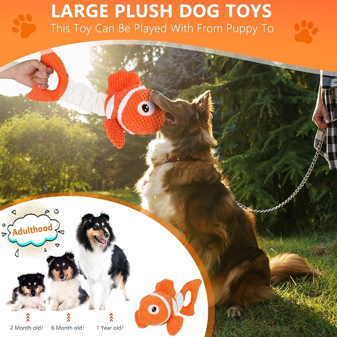 Squeaky Clownfish Dog Toy, Plush Crinkle Tug Toy with Handle