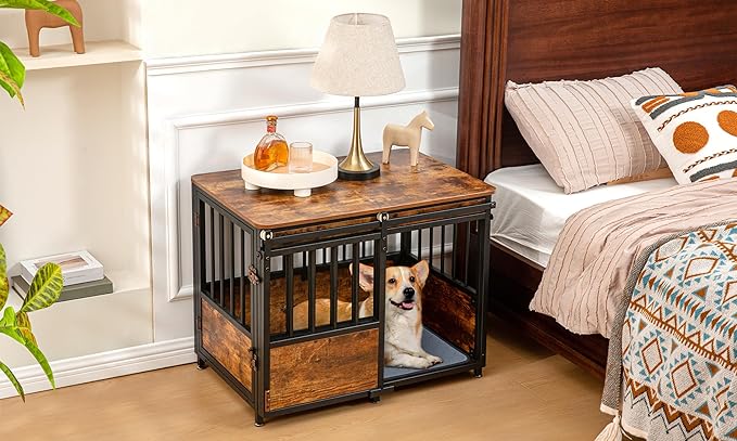 KOOPRO 32" Dog Crate Furniture with Cushion, Heavy Duty for Medium Dogs | Wooden Dog Kennel with Double Doors, Decorative Pet House Dog Cage Side End Table Indoor, Sliding Door Chew-Resistant