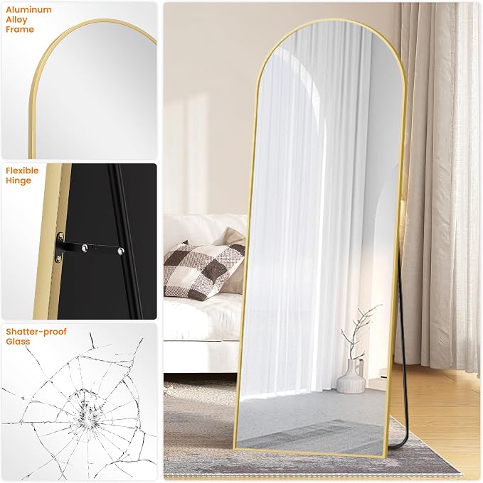 Arched Full Length Mirror, 70"x24" Standing Body Mirror for Wall, Gold | Built-in Stand, HD Shatterproof Glass, Aluminum Alloy Frame, Hanging or Standing, for Bedroom, Living Room & Dressing Room