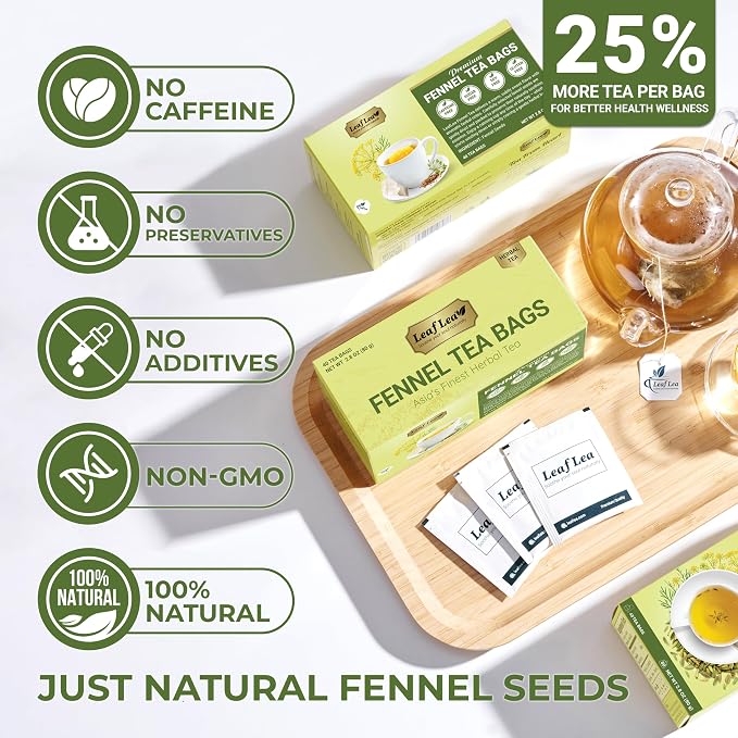 LeafLea Fennel Tea Bags, Pure Fennel Seed Tea, Foil-Wrapped, Caffeine-Free | Single-Ingredient Fennel Seed, Naturally Sweet & Soothing After Meals, 40 Bags, Sugar-Free, Vegan, Non-GMO