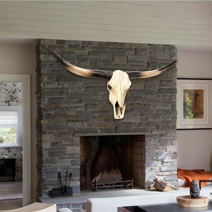 JUNTHORB 70in Longhorn Wall Decor, Extra Large Authentic Croissant，Cow Skull Wall Decor，cow horns, cow horn wall decoration, long horn skull，Handmade Farmhouse Decor
