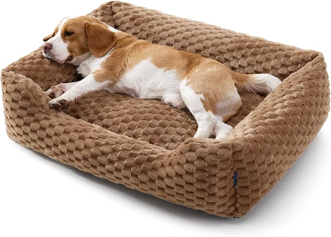 Bedsure Washable Dog Beds Large Sized Dog Bubble Fleece,35in Camel Brown | Cute Pet Bed,Fluffy Cuddler Pet Couch,Neck-Friendly Bolster,Non-Slip Bottom,Machine Washable Removable Cover ,Up to 50 lbs
