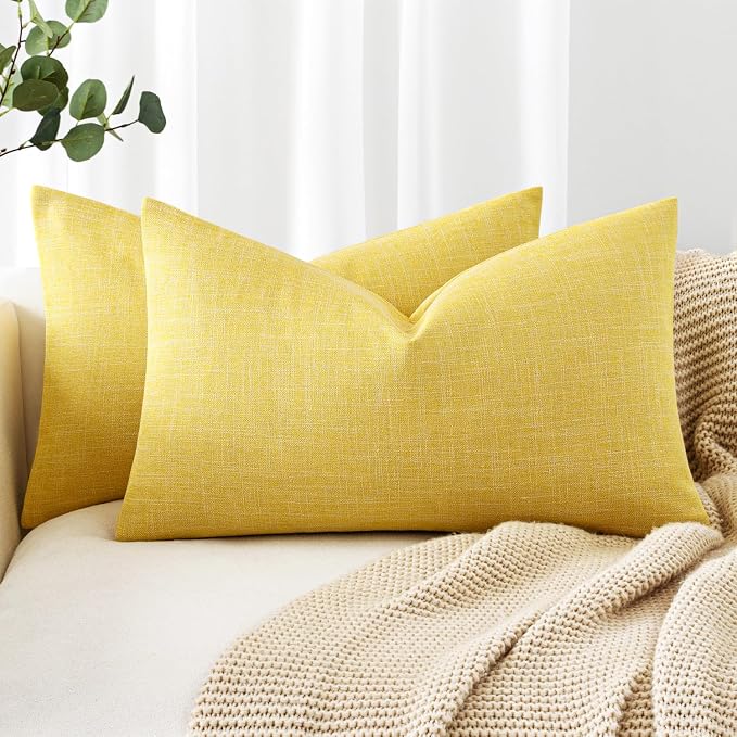 MIULEE Pack of 2 Decorative Linen Burlap Textured Pillow Covers Farmhouse Boho Accent Lumbar Pillowcases Spring Home Decor for Couch Sofa Bedroom Living Room 12x20 Inch Yellow