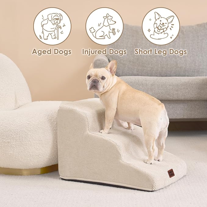 EHEYCIGA Curved Dog Stairs Ramp, 3-Step Dog Steps, 15.8" H Pet Step | 34D density of pure foam, for Small Dogs and Cats, Pet Stairs for High Bed Climbing, Non-Slip Balanced Indoor, Beige