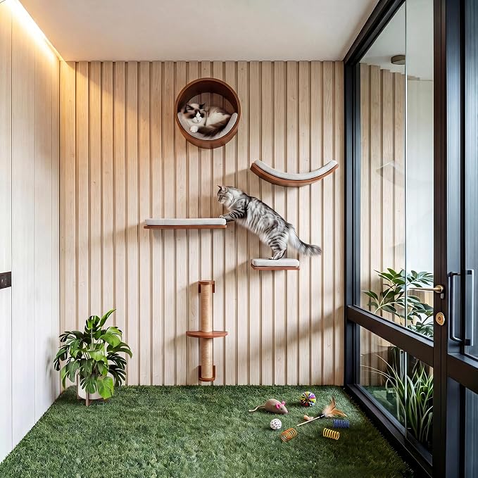 Tribesigns Solid Wood Cat Wall Shelves, 5 in 1 Cat Wall Furniture Set | Wood Cat Climbing Wall with Scratching Post, Bed, Stable and Safe, Wall Mounted Cat Tree, Space-Saving, Easy Assembly, Walnut