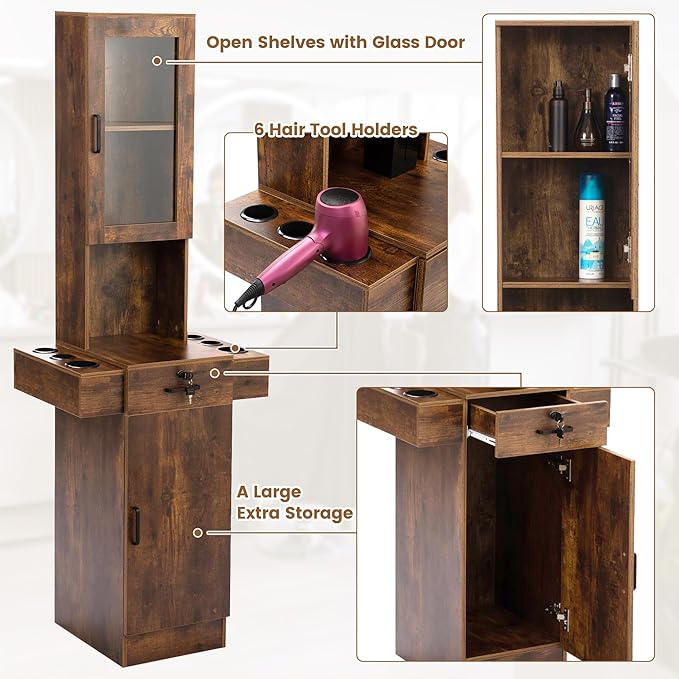 Salon Station for Hair Stylist,Hair Styling Storage Cabinet with Glass Door,Tool Dryer Holders, Salon Beauty Spa Barber Hair Staion,Rustic Brown