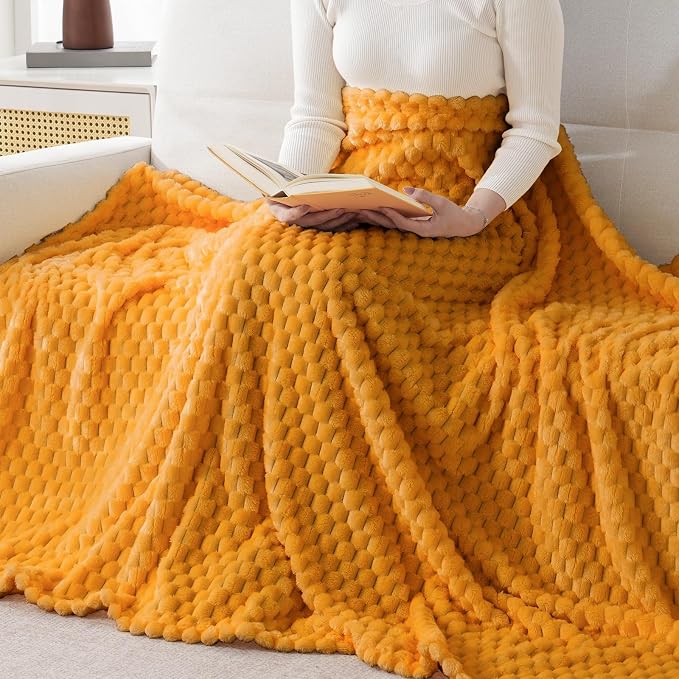 Bnuitland Soft Flannel Throw Blanket(50X70 inches), 3D Jacquard Fluffy Lightweight Fleece Blanket for Couch,Sofa,Bed, 300 GSM Super Cozy Warm for All Season Home Decor,Yellow