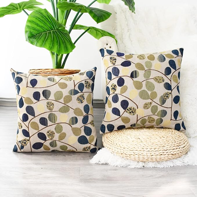 CaliTime Cushion Cover Throw Pillow Case Shell for Couch Sofa Home Decoration Luxury Chenille Cute Leaves Both Sides 18 X 18 Inches Ecru Blue
