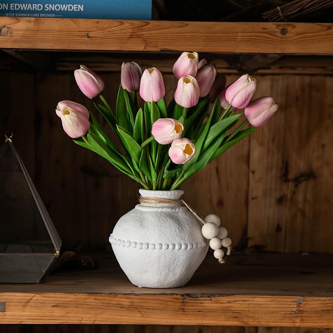 Mowtanco Rustic Ceramic Vase with Boho Wooden Beads, Matte Decorative Pottery for Modern Farmhouse and Bohemian Decor, Floral Arrangements, Bedroom, Shelf, or Side Table Accents