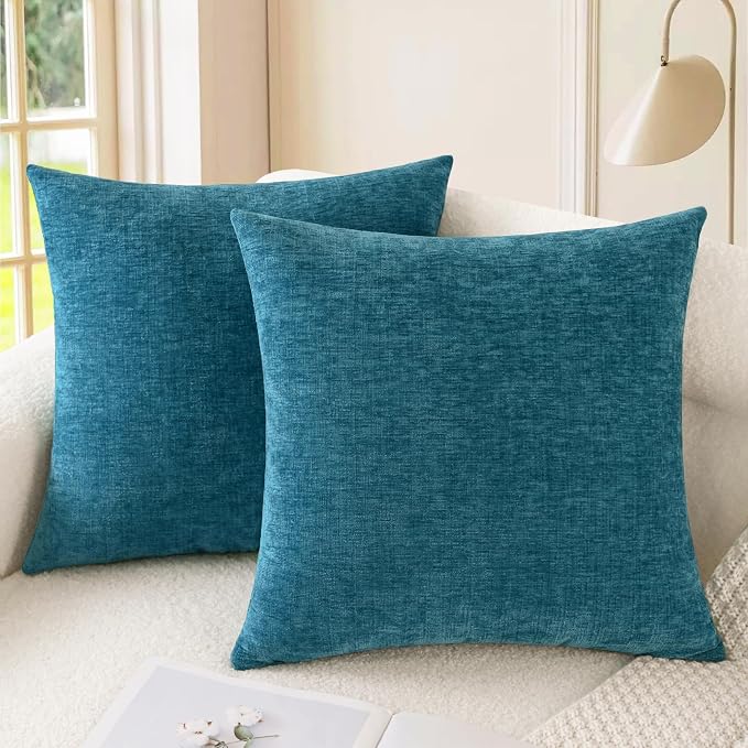 CaliTime Decorative Couch Throw Pillow Covers 22 X 22 Inches Ocean Blue | Pack of 2, Cozy Chenille Cushion Cases for Sofa Bed Living Room Farmhouse Home