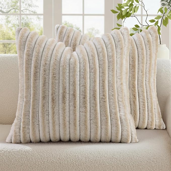decorUhome Fall Faux Fur Throw Pillow Covers 18x18 Set of 2 Beige White | Decorative Soft Cozy Striped Plush Modern Farmhouse Boho Couch Pillow Cases Velvet Back for Sofa Bed Living Room Home Decor