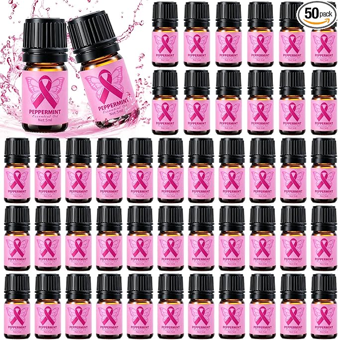 50 PCS Breast Cancer Awareness Peppermint Essential Oil Set for Skin Diffuser Candle Making Pink Ribbon Fragrance Aromatherapy Oils for Pink October Breast Cancer Charity Survivor Gifts (5ml)