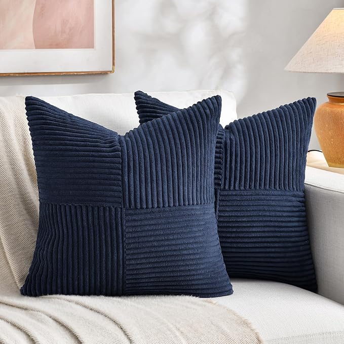 Fancy Homi Navy Blue Decorative Throw Pillow Covers 22x22 Inch for Living Room Couch Bed Sofa, Rustic Farmhouse Boho Home Decor, Soft Corss Corduroy Patchwork Accent Cushion Case 55x55 cm