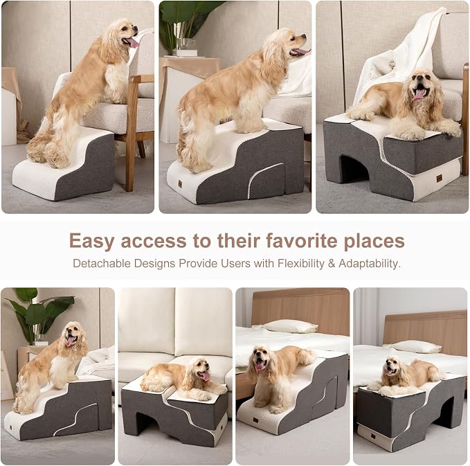 Garnpet Dog Stairs for High Beds with Tunnel, 4-Step Dog Steps for Small Dogs and Cats, Foldable Pet Stairs for High Bed Climbing, Non-Slip Balanced Pet Step Indoor, Beige