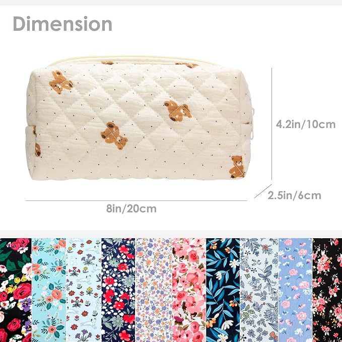PAZIMIIK Small Quilted Makeup Bag,Zipper Cosmetic Pouch,Gauze Bear | Lightweight Cosmetic Bag Organizer for Women,Purse Storage Holds Makeup,Toiletries,Skincare,Beauty Essentials,Travel Items